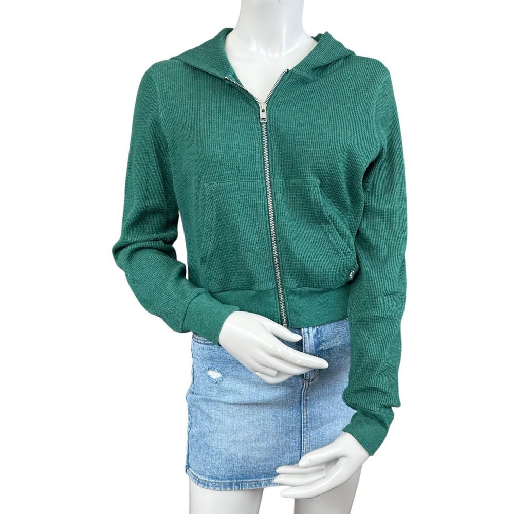 Aritzia TNA Green Lightweight Thermal Waffle Knit Hooded Cropped Zip Up Small